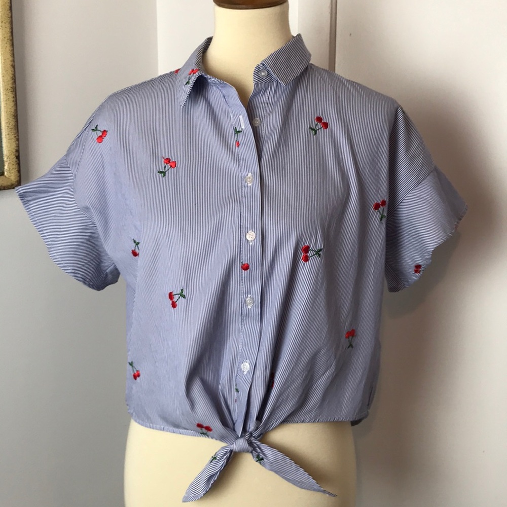 Love, Fire Cherry Embroidered Blue Stripe …